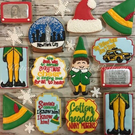 Buddy The Elf Cupcakes, Cookie Decorating Ideas Christmas, Buddy The Elf Cookies, Elf Movie Cookies, Buddy The Elf Cookies Decorated, Elf On The Shelf Royal Icing Cookies, Christmas Movie Cookies Decorated, Christmas Gingerbread Cookies Decorating, Buddy Elf Cookies