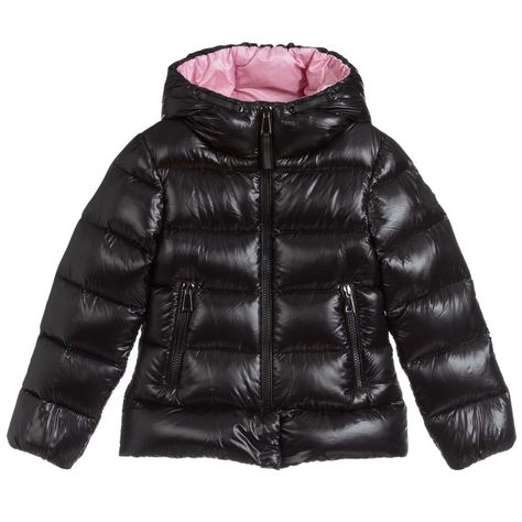 brand Girls Black Down Puffer Jacket at Childrensalon.com Shiny Puffer Jacket, Winter Wishlist, Down Puffer Jacket, Moncler Jacket, Black Down, Down Jackets, Girls Black, Coat Design, Ski Wear