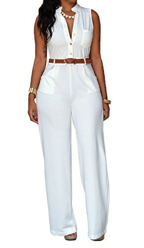 Roswear Women's Sexy Plunge V Neck Belted Wide Leg Jumpsuits Dress White XX-Large Seluar Wanita, White Jumpsuits, Overalls Fashion, Trendy Jumpsuit, Formal Jumpsuit, Women Office, Jumpsuit Outfit, Wholesale Shoes, Cheap Shoes