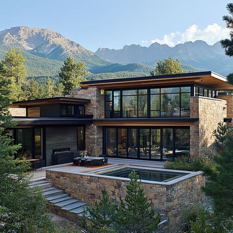 Modern Cabin Mansion, Contemporary Mountain Home Exterior, Rustic Mountain Home Exterior, Modern Mountain House Exterior, Mountain Cabin Exterior, Modern Cabin Exterior, Colorado Mountain Homes, Contemporary Mountain Home, Rustic Mountain Homes