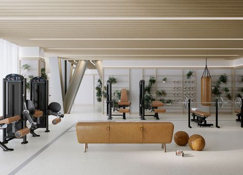 Studio Ashby bring a touch of luxury to the amenity and penthouse spaces in One Crown Place, a new London development by architectural firm KPF. Gym Room Ideas, Ruang Gym, Boutique Gym, Dream Home Gym, Home Gym Garage, Personal Gym, Basement Gym, Gym Room At Home, Reformer Pilates