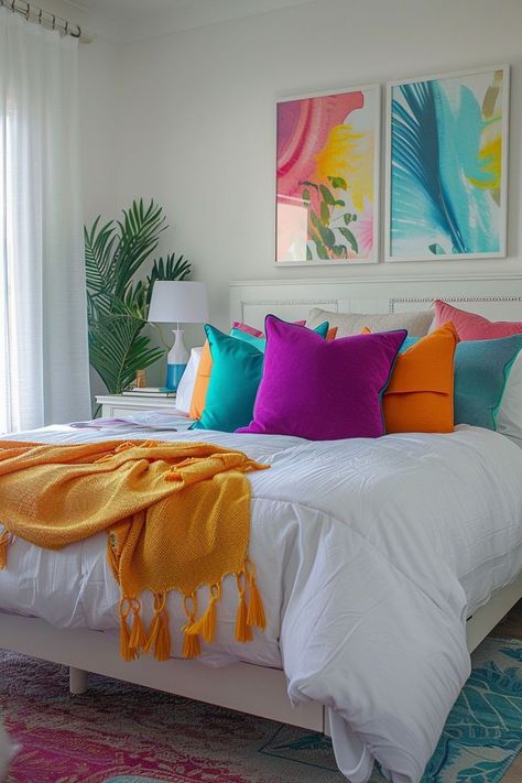 Colorful Bedroom Ideas For Adults, Vibrant Bedroom Ideas, Tacky Decor, Summer Bedroom Decor, Preppy Bohemian, Downtown Living, Decor Ideas For Living Room, Whimsical Bedroom, Home Decor Cozy