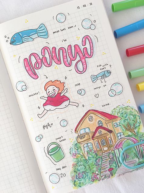 Ponyo Drawings Studio Ghibli Art, Ponyo Doodle, Ponyo Journal, Ponyo Drawings, Studio Ghibli Drawings, Ponyo Aesthetic, Mini Doodle, Bullet Journal Paper, Art Journal Therapy