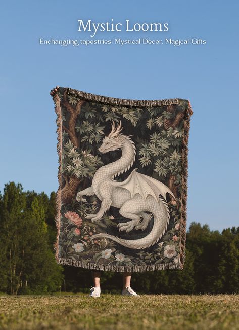 Dragon Tapestry, Medieval Tapestry, Woven Wall Hanging Welcome to Mystic Looms! I thank you for your interest in my art!  Explore six unique ways to display my mystical collection: Woven Blanket: Thick weaving and soft cotton yarn in three sizes, perfect as a cozy throw or tapestry. Sherpa Blanket: Hemmed edges and ultra-soft sherpa fleece, available in two sizes, ideal for warmth and comfort. Velveteen Blanket: Durable with double needle topstitching on all seams, in three sizes, combining styl Star Wars Tapestry, Woven Wall Tapestry, Medieval Decorations, Dark Academia Diy, Fantasy Room Decor, Bedroom Wall Tapestry, Mystic Decor, Dragon Decorations, Woven Tapestry Art