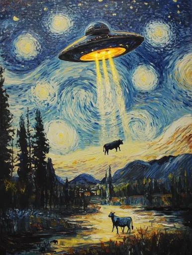 ↑↑↑ Larger size on website 🔸 A UFO hovers in the sky, illuminated by bright beams of light, against a backdrop of Van Gogh's Star Two Cows, Grazing Cow, Ufo Abduction, Beams Of Light, Whimsical Nature, Surreal Scenes, Starry Night Van Gogh, Night Skies, Van Gogh