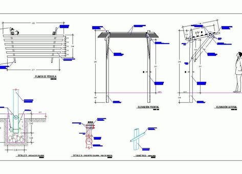 Wooden Pergola DWG Detail for AutoCAD #wooden #pergola #dwg #autocad #projectarchitect #project #plans #caddrawing #autocadfile #design #civilconstruction Construction Details Of Wooden Pergolas, Wooden Pergolas, Cinema Architecture, Steel Pergola, Wood Pergola, Civil Construction, Pergola Design, Shed Plan, Wooden Pergola