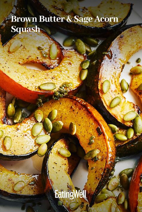 This easy vegetable side dish utilizes acorn squash, but any winter squash will work. A drizzle of brown butter, sage and maple syrup adds a nutty, sweet flavor to the low-calorie roasted squash. #healthyeating #healthyfoods #healthylifestyle #healthyrecipes#holidayrecipes#holidayrecipeideas#holidayroast#roastrecipes#holidaysidedishes#holidayappetiziers#sidedishes#healthysidedishes#sidedishrecipes#healthyrecipes Easy Vegetable Side Dish, Brown Butter Sage, Easy Vegetable Side Dishes, Vegetable Side Dish, Easy Vegetable, Roasted Squash, Vegetable Side, Vegetarian Dinners, Acorn Squash