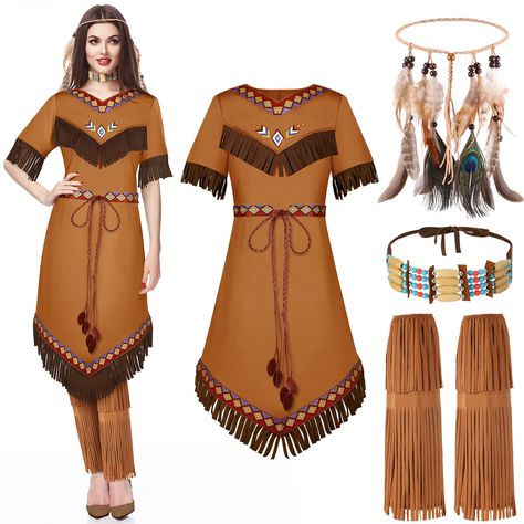 PRICES MAY VARY. Nice Combination: you are provided with 1 piece of brown fringed dress, 1 piece of feathered headband, 1 piece of choker and 1 pair of ankle socks with tassels, 4 pieces Indian costumes in total, this combination is very thoughtful that can better meet your wearing needs Reliable and Long Service Time: the Indian Native costume outfits are mainly made of polyester material, reliable and sturdy, soft and comfortable, will not break easily, you can buy and wear them for a long tim Native American Outfits, Disney Princess Halloween Costumes, Native Costume, American Indian Clothing, American Outfits, Native Outfits, Native American Dress, Princess Halloween Costume, Native American Clothing