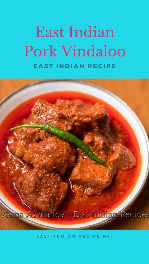 This pork vindaloo is an authentic dish that must be made for an East-Indian wedding. It is spicy and bright red in color. This curry is made with high fat pork and lots of vinegar which means it has a longer shelf life perfect for three to four days to serve at every meal at that wedding. Indian Pork, Pork Vindaloo Recipe, Vindaloo Sauce, Pork Vindaloo, East Indian Food, Vindaloo Recipe, Pork Curry, Healthy Indian Recipes, Vindaloo