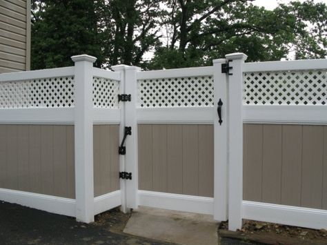 Two Tone Fence, Vinyl Gates, Garden Gates And Fencing, Gate Hardware, Fence Ideas, Lake House Decor, Outdoor Inspirations, Pvc Vinyl, Fence Design