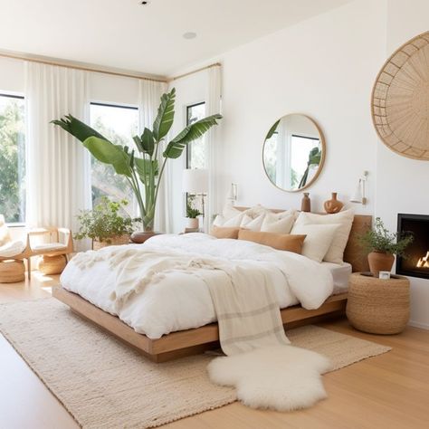 Boho Bedroom Decor Ideas Small Spaces, Natural Minimalist Bedroom, Platform Bed Room, Boho Surf Bedroom, Ireland Apartment, Nature Home Aesthetic, White And Wood Bedroom, Bohemian Interior Design Bedroom, Eco Bedroom