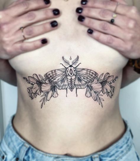 Moth Sternum Tattoo | Tattoo Ideas and Inspiration | anamaturana Lower Chest Tattoo, Chest Tattoo With Meaning, Side Stomach Tattoos, Lunar Moth Tattoo, Sternum Tattoo Design, Moth Tattoo Design, Stomach Tattoos Women, Moth Tattoo, Sick Tattoo