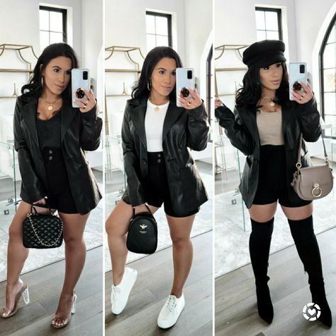 Black Faux Shorts Outfit, Black Faux Leather Blazer Outfit, Faux Leather Shorts Outfit Summer, Faux Leather Shorts Outfit Winter, Black Faux Leather Shorts For Fall, Leather Paperbag Shorts Outfit, Faux Leather Shorts For Night Out And Fall, Fitted Leather Shorts For Fall, Midsize Black Leather Shorts Sweater