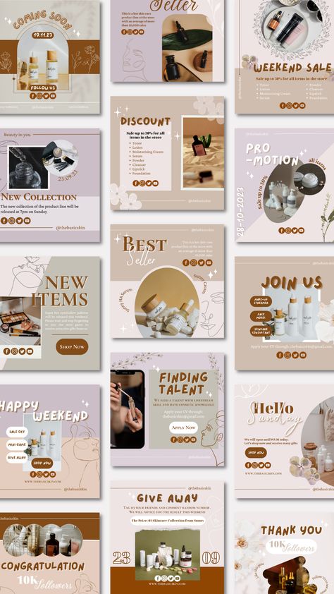 COSMETIC STORE INSTAGRAM POST TEMPLATES This is Veny Vanilla's Cosmetic Instagram Post Templates, which was created for small and medium business owners, social media managers, personal accounts, or anyone looking to synchronize and increase their social media feed using a color palette. Cosmetic Instagram Post Templates is an excellent helper in this regard! This template will assist you in matching and synchronizing your brand's style. Insta Product Post Ideas, Canva Design Template, Makeup Instagram Post, Canva Layout Ideas, Canva Social Media Templates, Beauty Template, Beige Skin, Insta Layout, Ecology Design