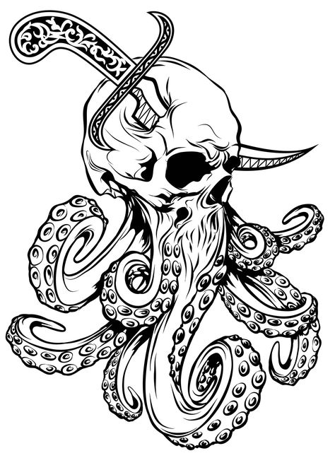 Kraken Art Illustrations, Skull Kraken, Tentacles Tattoo, Kraken Illustration, Tentacle Tattoo, Kraken Tattoo, Kraken Art, Octopus Tattoo Design, Pirate Tattoo