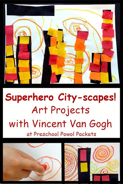 Superhero Cityscape Art Project with Van Gogh!  These are great for preschool through 3rd grade!!  Details, stories, and more at Preschool Powol Packets Superhero Theme Preschool, Superheroes Eyfs, Superhero Lessons, Superhero Preschool, Super Hero Activities, Superhero City, Superhero Art Projects, Superhero Classroom Theme, Superhero Crafts