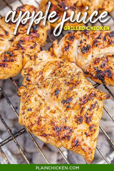 Apple Juice Grilled Chicken - so juicy and packed full of amazing flavor!! Chicken marinated in apple juice, brown sugar, soy sauce, lemon juice and garlic. SO simple and SOOO delicious!! We ate this twice in one day! Leftovers are great chopped up on a salad or in a wrap. Grill up a double batch today for easy meal prep all week! YUM! #grilling #chicken #grilledchicken #marinade #glutenfree Baked Fish Tacos, Vegan Bowl Recipes, Crock Pot Vegetables, Slow Cooker Vegetarian Chili, Grilling Chicken, Recipes Grilling, Nutella Recipes Easy, Easy Teriyaki Chicken, Chicken Apple