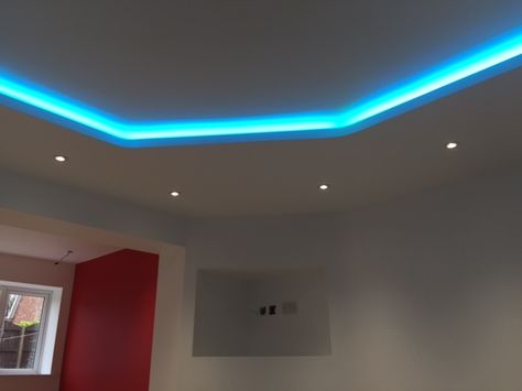 Richard Hammond of Top Spec Interiors has shared pics of an impressive coving feature-light with us, created using InStyle LED striplights and other products.Richard needed a total of 15 metres of colour-changing RGB LED tape (15-watt 24v) to light the full length of the coving’s surface. The tape strips were cut to specified lengths Ceiling Coving, Richard Hammond, Concrete Ceiling, House Paint Interior, Led Tape, Colour Changing, House Paint, Pop Design, Feature Light