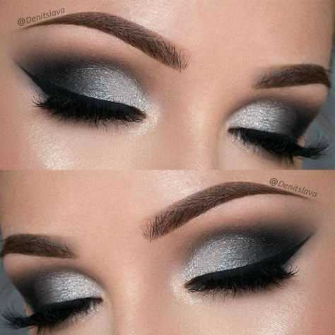 Black And Silver Eye Makeup, Makeup Ideas For Prom, Beautiful Makeup Ideas, Trucco Smokey Eye, Silver Smokey Eye, Grey Eye Makeup, Silver Eye Makeup, Black Eye Makeup, Grey Makeup