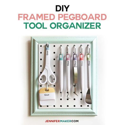 How to make a DIY framed pegboard craft organizer for your craft tools -- hang in up, then move it around with you as you craft. Easy to make! Paper Storage Diy, Framed Pegboard, Tool Organization Diy, Cricut Storage, Scrapbook Paper Storage, Jennifer Maker, Craft Organizer, Scrapbook Organization, Sewing Storage