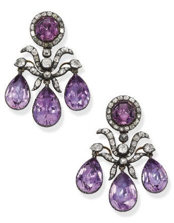 A HISTORIC PAIR OF 18TH CENTURY AMETHYST AND DIAMOND EAR PENDANTS. Of girandole design, each set with three pear-shaped amethyst drops to the diamond foliate motif and octagonal amethyst and diamond cluster surmount, mounted in silver and gold, circa 1760.    The Imperial Russian Jewels 1760-1917;  The Union of the Soviet Socialist Republics 1917-1925; A Consortium of Dealers 1925-1927; Purchased by S.J. Phillips in 1927 for GBP 295. #18thCentury #earrings 18th Century Jewelry, Georgian Jewelry, Catherine The Great, Family Jewels, Royal Jewels, Amethyst Jewelry, Crown Jewels, Van Cleef, February Birth Stone