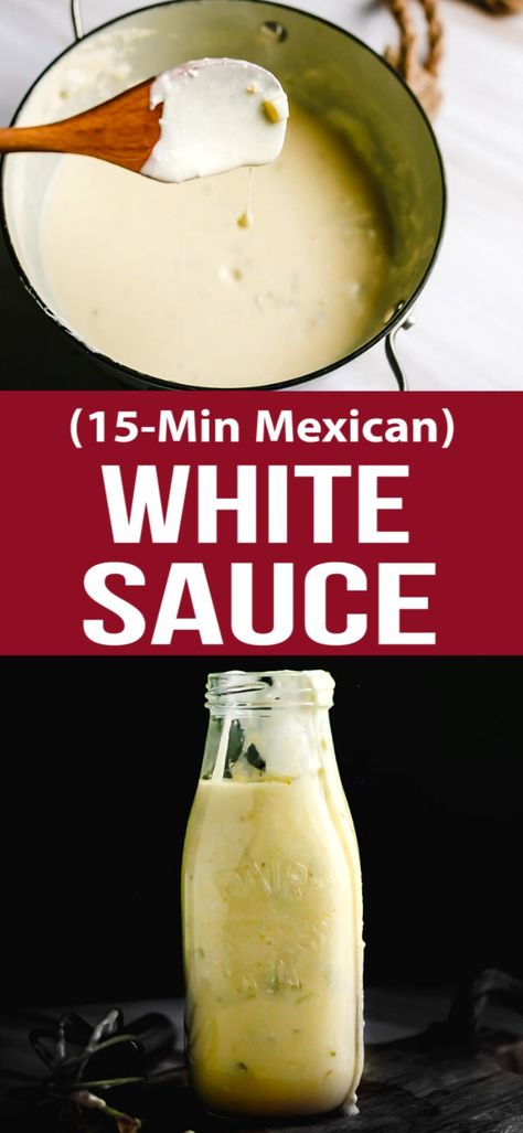 Super delicious Mexican white sauce recipe to add and serve with chicken chimichangas or enchiladas. Best Chimichanga Recipe, Beef Burrito With White Sauce, White Burrito Sauce, Mexican Sauces For Burritos, Mexican Cheese Sauce For Burritos, Peruvian White Sauce, Homemade Burrito Sauce, Chimichanga Sauce Recipes, Seafood Burrito With White Sauce