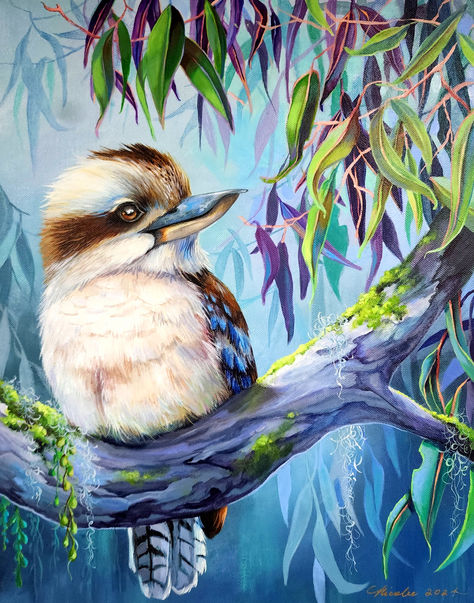 Acrylic painting on stretched canvas by Nicolee Payne, Hawkesbury NSW. 2024 Kookaburra Painting, Gum Tree, Bird Watercolor Paintings, Bird Watercolor, Picture Inspiration, Gouache Art, Animal Quilts, Bird Artwork, Australian Animals