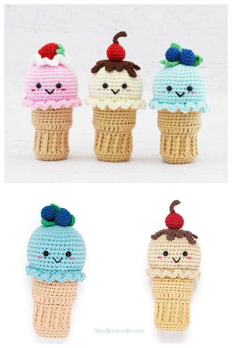 Crochet Ice Cream Amigurumi Free Patterns - DIY Magazine Amigurumi Ice Cream, Ice Cream Crochet, Crochet Ice Cream, Crochet Cake, Mini Ice Cream, Crochet Animals Free Patterns, Toy Crochet, Crochet Food, Diy Magazine