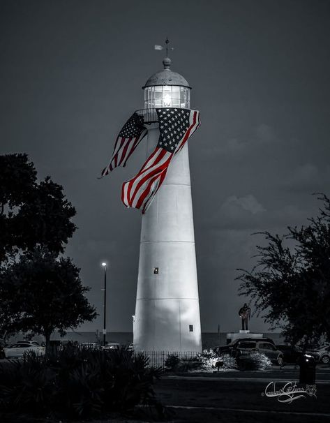 Biloxi, Mississippi...Beautiful | Our Biloxi Lighthouse looks so good with our flag draped over it | Facebook Biloxi Lighthouse, Betty Wright, Biloxi Mississippi, Us Flag, Over It, Mississippi, Lighthouse, Flag