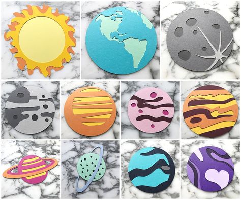 Cricut Solar System, Solar System Party Favors, Solar System Cricut Projects, Solar System Paper Craft, Cricut Outer Space Projects, Solar System Birthday Party Decorations, Solar System Birthday Party, Solar System Party, Solar System Birthday