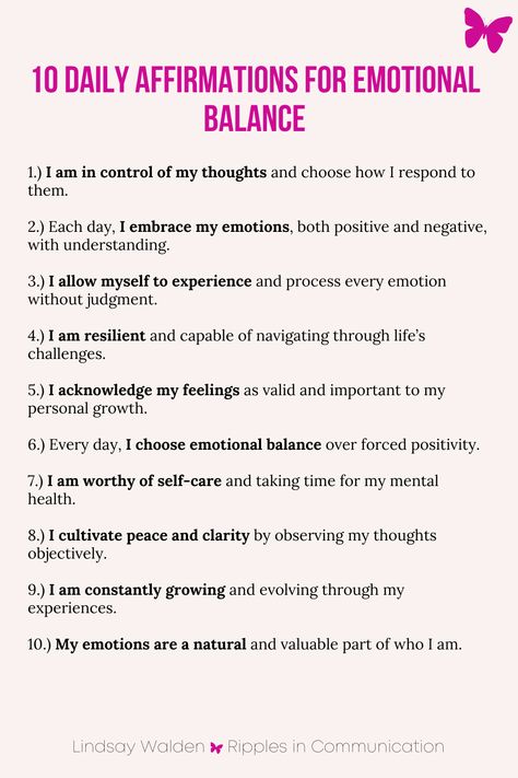 Start your day with these powerful affirmations designed to promote emotional balance and well-being. Embrace your inner strength and navigate life's ups and downs with a positive, grounded mindset. #DailyAffirmations #EmotionalWellness Emotional Intelligence Affirmations, Balance Affirmations, Grounding Affirmations, 2024 Affirmations, Toxic Positivity, Mindfulness Journal Prompts, Healing Journaling, Health Affirmations, Healing Affirmations