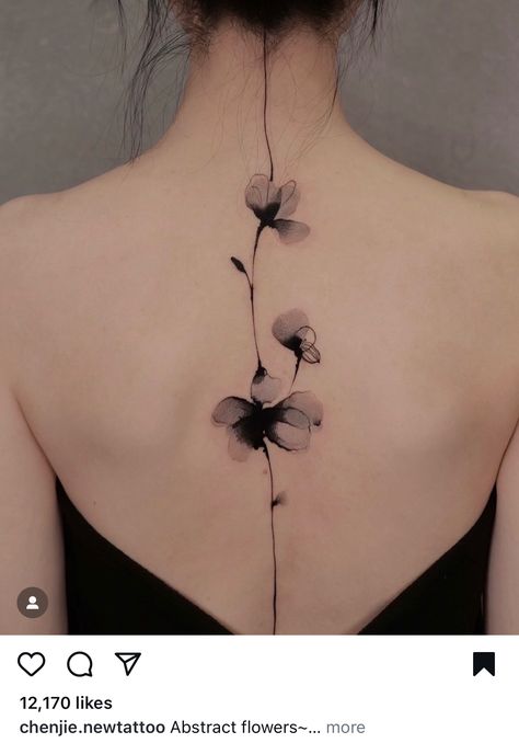 Orchid Tattoo On Spine, Orchid Tattoo On Back, Spine Tattoos Tree, Cherry Blossom Small Tattoo, Iris Spine Tattoo, Black And Grey Cherry Blossom Tattoo, Port Tattoo Cover Up, Neck Spine Tattoo, Cherry Blossom Tree Tattoo On Back