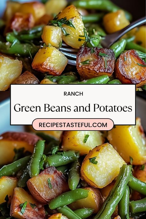 A flavorful and comforting side dish that combines fresh green beans, tender potatoes, crispy bacon, and aromatic herbs. Perfect for any meal! Country Green Beans And Potatoes, Country Ranch Green Beans And Potatoes With Bacon, Fresh Green Beans And New Potatoes, Country Ranch Green Beans And Potatoes, Green Beans And New Potatoes Recipe, Ham Potatoes And Green Beans, Green Beans And New Potatoes, Ranch Green Beans, Potatoes Crispy