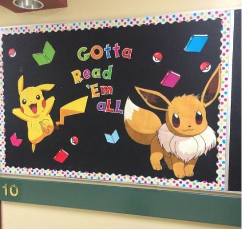 Pokemon Door Decorations, Pokemon Classroom Decorations, Pokemon Bulletin Board, Video Game Bulletin Board, Reading Bulletin Boards Elementary, Pokémon Classroom, Librarian Glasses, Classroom Vibes, Classroom Bulletin Boards Elementary