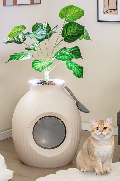 Transform your cat's traditional litter box area from a smelly, hideous-looking eyesore into a discreet decorative planter that hides it right in plain sight. Litter Box Planter, Hidden Litter Boxes, Decorative Planters, Litter Box, Planter Boxes, Ambient Lighting, Lighting