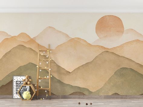 Watercolor Nursery Wallpaper, Nursery Accent Wall Mountains, Nursery Mural Ideas Neutral, Sedona Nursery, Toddler Wall Mural, Mountain Nursery Girl, Mountain Mural Nursery, Nursery Mountain Mural, Sunrise Nursery