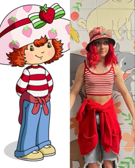 Strawberry shortcake Halloween costume Easy Halloween Costumes For Redheads, Short Red Hair Costume Ideas, Easy Single Halloween Costumes, Short Red Hair Halloween Costume, Strawberry Shortcake Diy Costume, Halloween Costumes Tv Characters, Adult Strawberry Shortcake Costume, Easy Cartoon Costumes, Redhead Halloween Costumes Ideas