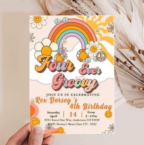 Four Ever Groovy Retro Boho Rainbow 4th Birthday Invitation #groovybirthday #70sbirthday #retrobirthday #groovyinvitations #hippiebirthday #70sparty #discotheme #faroutparty #70sbash #vintagebirthday Four Ever Groovy, Floral First Birthday, Two Groovy, Hippie Birthday, Rainbow Birthday Invitations, Third Birthday Party, Retro Daisy, Retro Birthday, Boho Birthday