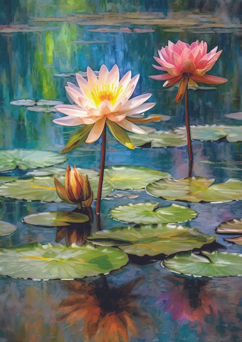 Lily Pads - A1 Rice Decoupage Paper Water Lilies Art, Water Lilies Painting, Pond Painting, Peaceful Vibes, Lotus Painting, Lily Lotus, Landscape Painting Tutorial, Lily Painting, Lotus Art