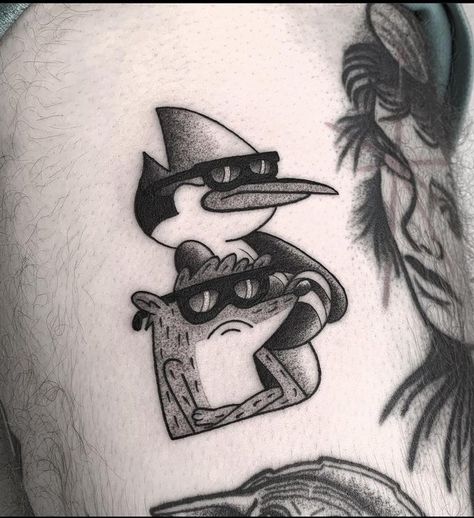 Rigby And Mordecai Tattoo, Regular Show Tattoo Ideas Simple, Mordecai And Rigby Tattoo Ideas, The Regular Show Tattoo, Regular Show Tattoo Simple, Tattoo Ideas Cartoon Characters, Tattoo Cartoon Characters, Small Cartoon Tattoo Ideas, Regular Show Tattoo Ideas