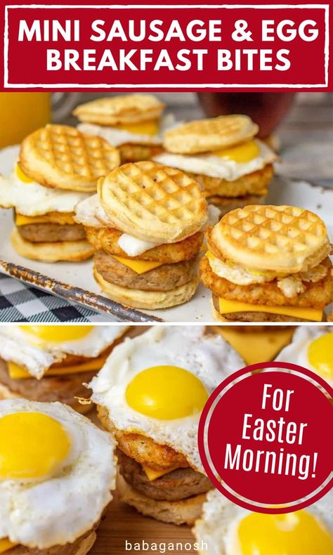 Mini sausage, egg, and hash brown breakfast sandwiches for Easter morning. Hand Held Breakfast Ideas, Mini Breakfast Sandwiches, Mini Waffle Breakfast Sandwiches, Eggs In Mini Waffle Maker, Sausage Egg Mini Muffins, Hash Brown And Sausage Bites, Sausage Egg Mcmuffin Recipe Freezer Breakfast Sandwiches, Diy Sausage Egg Mcmuffin, Breakfast Sandwich Maker Recipes