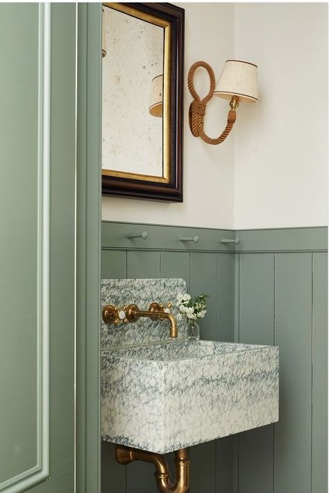 Virginia Tupker, Tiny Powder Room, Green Bathroom Vanity, Sage Green Walls, Bathroom Design Trends, Great Bathrooms, Shower Niche, Bathroom Floor Tiles, Upper East Side