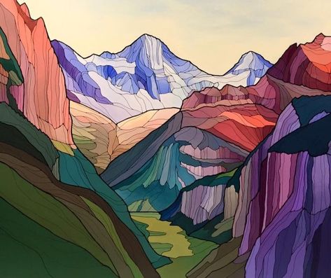 Abstract Mountain Art, Mountains And Sky, Colorful Mountains, Tableau Art, Mountain Paintings, Mountain Art, Sky Art, Art Travel, Art Techniques