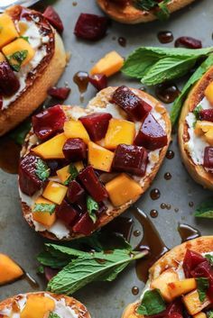 Mint Mango Beet Bruschetta with Honey Balsamic Glaze. Perfect for parties. Dairy-free / gluten-free friendly. Beet Bruschetta, Honey Balsamic Glaze, Balsamic Glaze Recipes, Sweet Potato Waffles, Easy Clean Eating Recipes, Honey Balsamic, Beet Recipes, Honey Recipes, Glaze Recipe