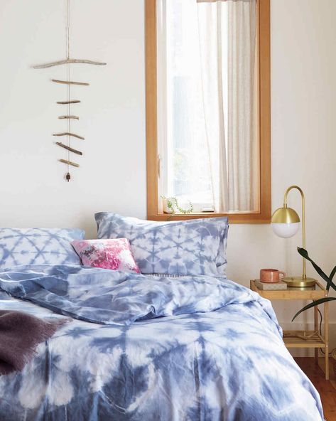 Hand-Dyed Bedding Set | Martha Stewart Houseboat Interiors, Shibori Bedding, Duvet Cover Diy, Tie Dye Bedding, Hydro Dipping, Decor Hacks, Relaxation Room, Houseboat, Cotton Duvet Cover