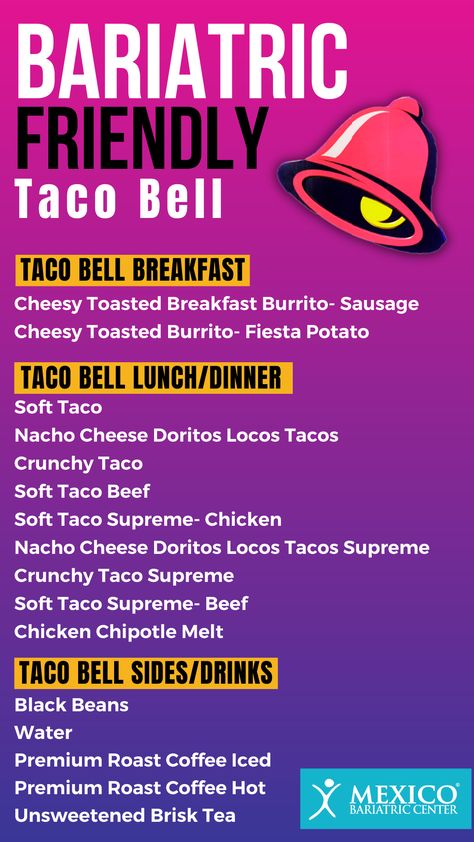 Fast food doesn't have to be forbidden love after bariatric surgery. Taco Bell's inclusive menu makes it easy to enjoy high-protein, low-calorie meals without sacrificing your taste buds. Sleeve Meals, Sleeve Surgery Diet, High Protein Fast Food, Gastric Bypass Sleeve, Liquid Diet Recipes, Gastric Bypass Diet, Bariatric Recipes Sleeve, Bypass Recipes, Vsg Recipes