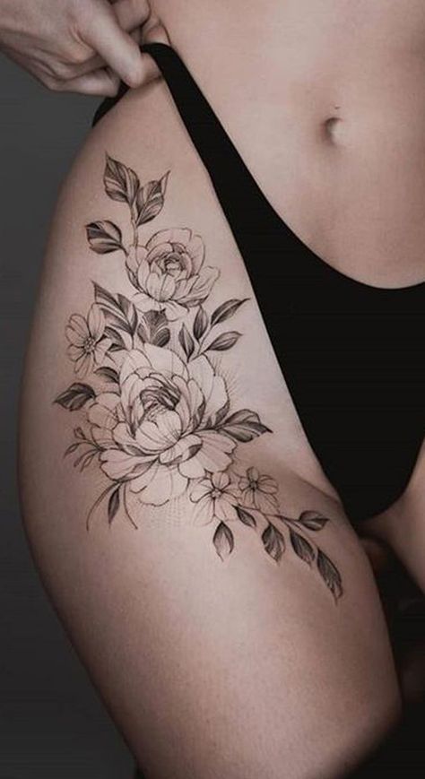 Floral Hip Tattoo, Thigh Tattoo Ideas, Sunflower Tattoo Thigh, Henne Tattoo, Rose Tattoo Thigh, Hip Thigh Tattoos, Hip Tattoos Women, Flower Tattoo Shoulder, Thigh Tattoos Women