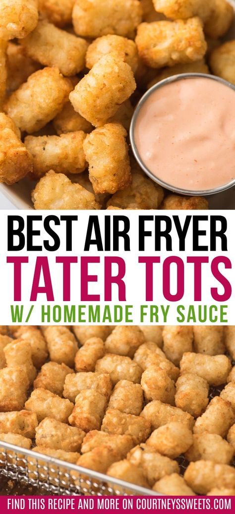 These Air Fryer Tater Tots are quick and easy to make and paired with our Fry Sauce Recipe. Make perfectly cooked frozen tater tots in the air fryer. #airfryer #airfrying #airfryerrecipes #tatertots #potatoes #appetizer #sidedish #frysauce #sauce #dips Potatoes Airfryer, Fry Sauce Recipe, Frozen Tater Tots, Airfryer Recipe, Tater Tot Recipes, Yummy Fries, Potato Tots, The Best Air Fryer, Homemade Fries