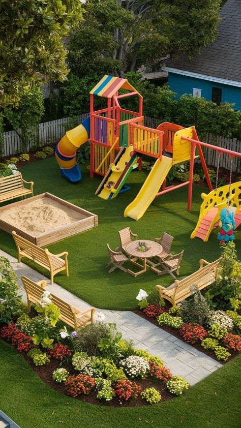 Kids Garden Play Area, Play Area Garden, Kids Garden Play, Kid Friendly Backyard, Outdoor Kids Play Area, Playground Landscaping, Cardboard Furniture Diy, Kids Backyard Playground, Shelves Storage Ideas