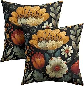 Kcozydecor Vintage Boho Floral Pillow Covers 18x18 Inches Yellow Beige Black Throw Pillow Case Set of 2 Spring Flower Pillow Cover Cotton Linen Cushion Cover for Home Couch Sofa Bedroom Livingroom Flower Pillows, Car Porch, Party Bedroom, Indian Pillows, Black Throw Pillow, Green Xmas, Floral Pillowcase, Black Throw Pillows, Grey Throw Pillows